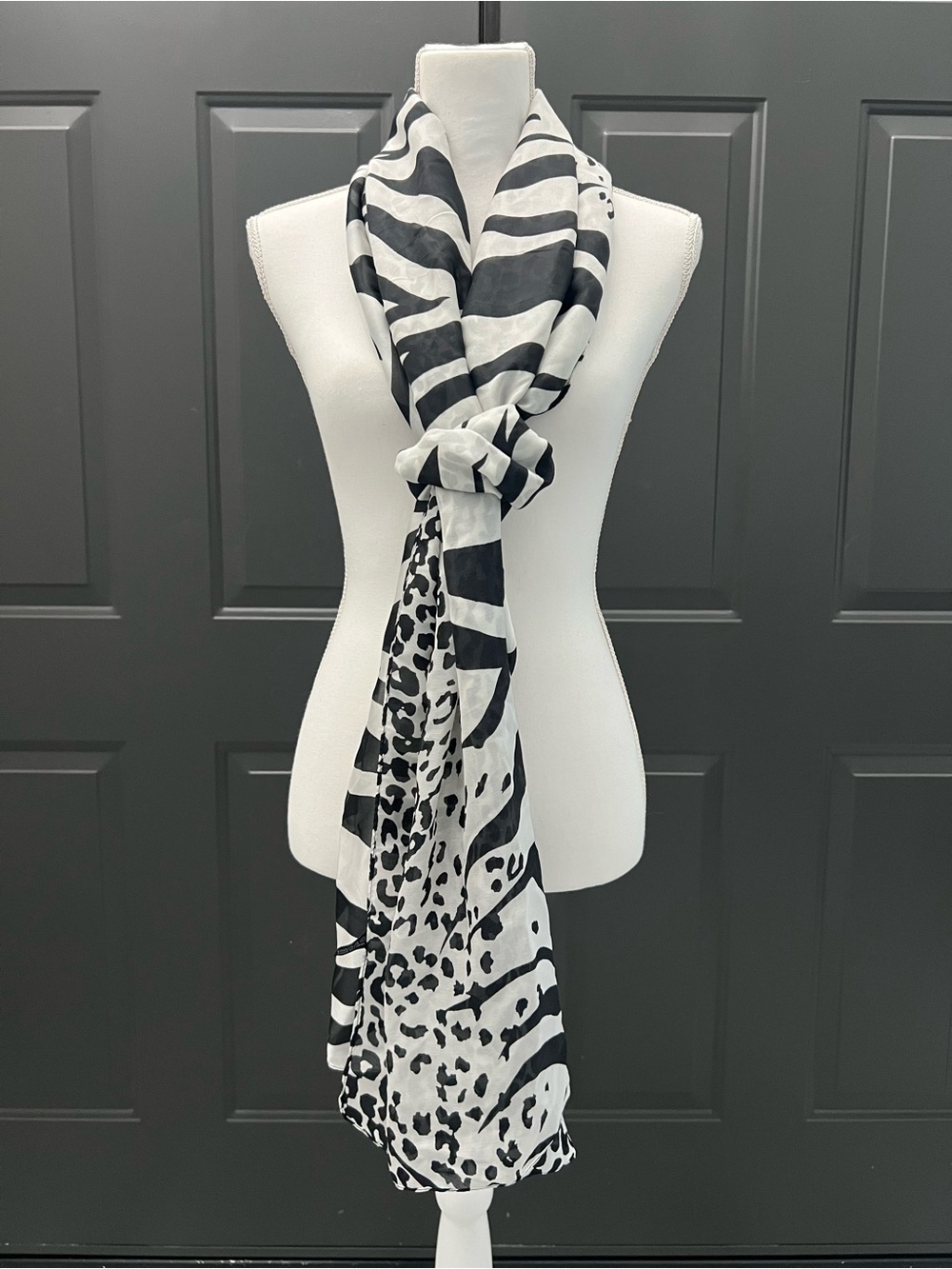 100% silk Black & White Animal Print Lightweight Scarf
